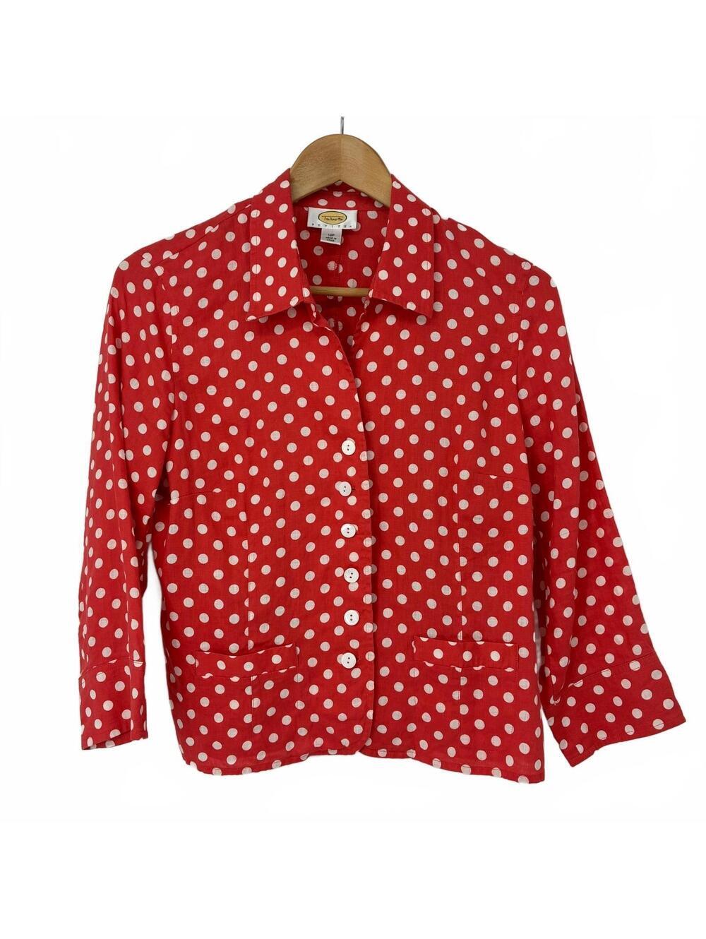 Talbots Petite Red Polka Dot Linen Button-Up Blouse Size 12P